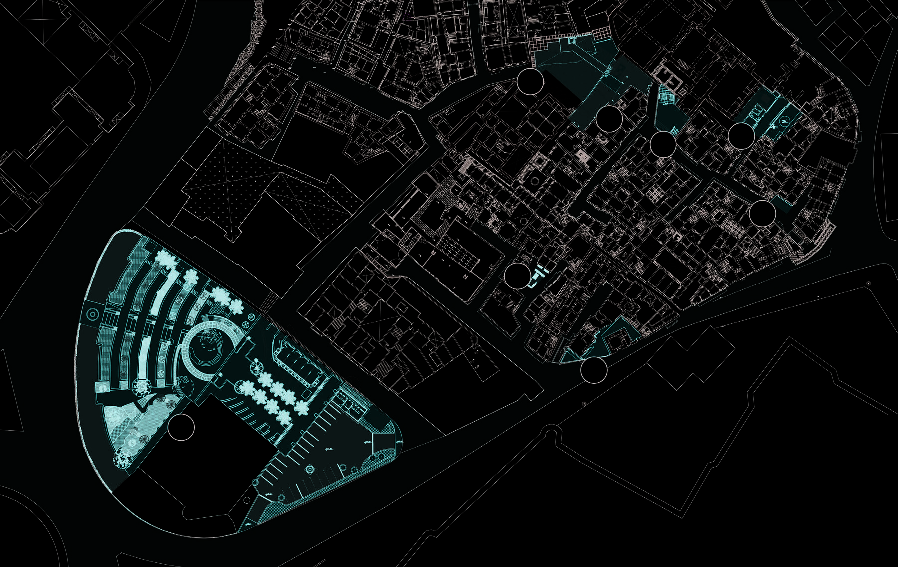 Master plan of Darb al-Labbana — circulation, intervention zones, and the new public plaza shown over the medieval fabric of Historic Cairo